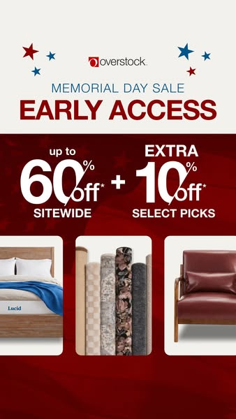This ad promotes Overstock's Memorial Day Sale with early access, highlighting discounts of up to 60% sitewide and a