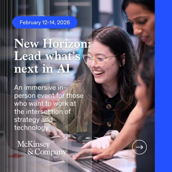 This ad promotes an immersive in-person event, "New Horizon: Lead what's next in AI," from February 12-14,