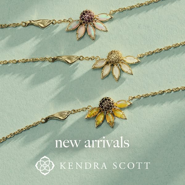 This image ad displays three different gold necklaces that feature a sunflower design, set against an aqua-colored backg