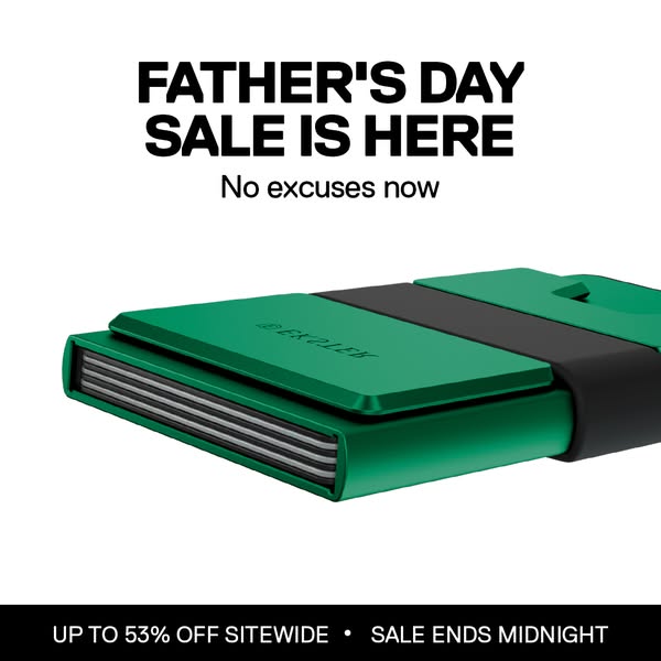 This ad promotes a Father's Day sale for a brand of wallets. It features a close-up shot of a green wallet and adver