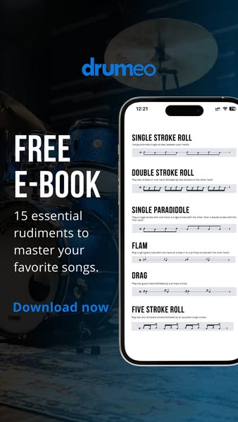 This image ad promotes Drumeo's free E-Book containing 15 essential drum rudiments to help users master their favori