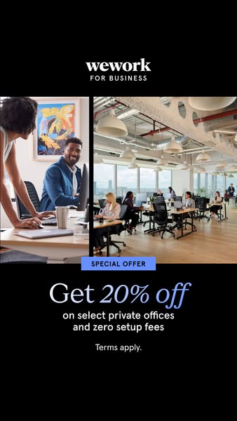 This split-screen image ad for WeWork promotes a special offer of 20% off select private offices and zero setup fees. Th