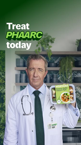 An image ad features a medical doctor recommending a Youfoodz Creamy Garlic Chicken Kyiv meal.
