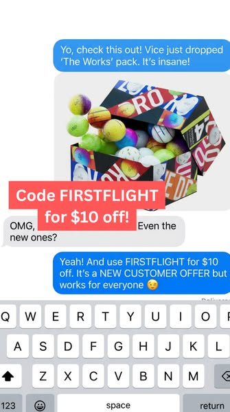This ad is formatted as an iMessage screenshot and promotes the Vice 'The Works' pack of golf balls with a disco