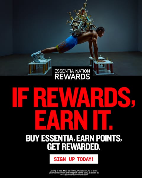 This image ad for Essentia water highlights the brand's Essentia Nation Rewards program. The ad features an image of
