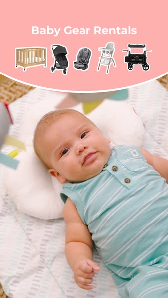 This ad features a baby laying on a padded blanket with various baby gear icons appearing at the top of the image, promo