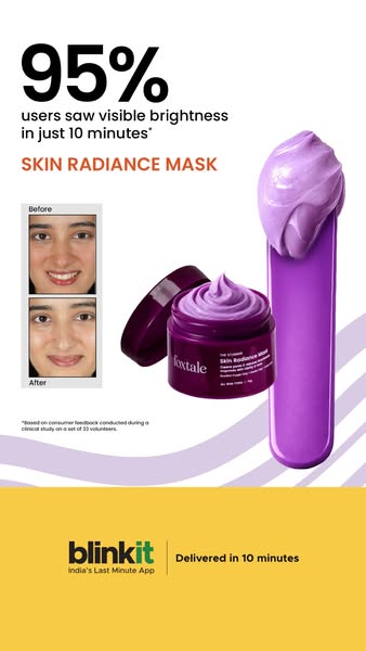 This image ad for Foxtale's Skin Radiance Mask features a before and after photo along with an attention-grabbing st