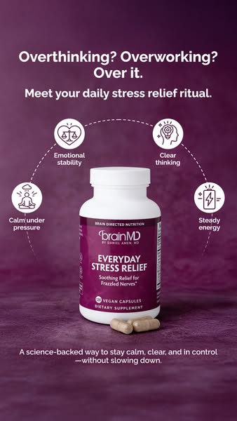 This ad promotes BrainMD Everyday Stress Relief supplements. It features an image of the product bottle along with icons