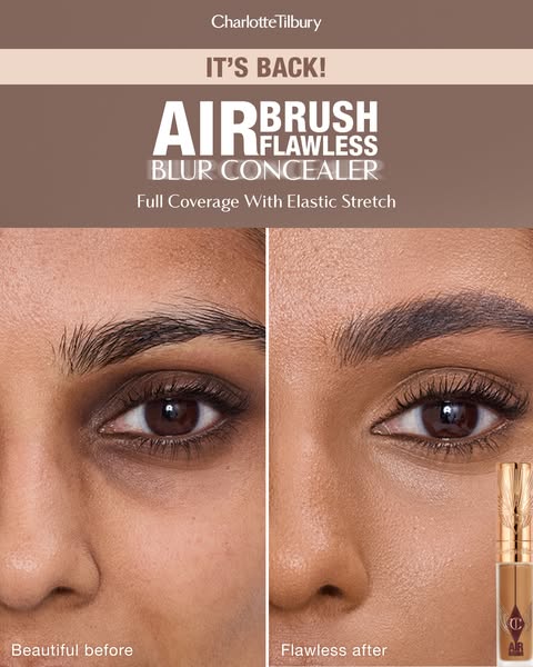 This ad is promoting the Charlotte Tilbury Airbrush Flawless Blur Concealer. The ad shows a split-screen image with one 