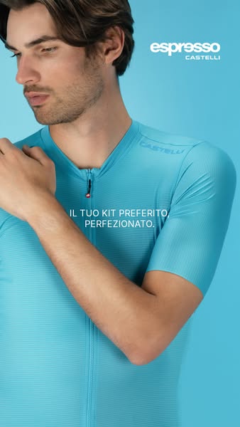 This ad showcases a male model wearing the Castelli Espresso cycling kit against a light blue background. The ad uses mi