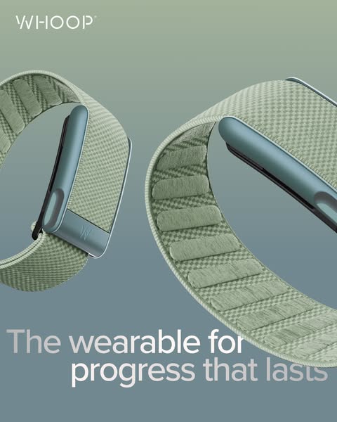 This image ad showcases the WHOOP fitness tracker and emphasizes its durability. The ad uses a close-up shot of the band
