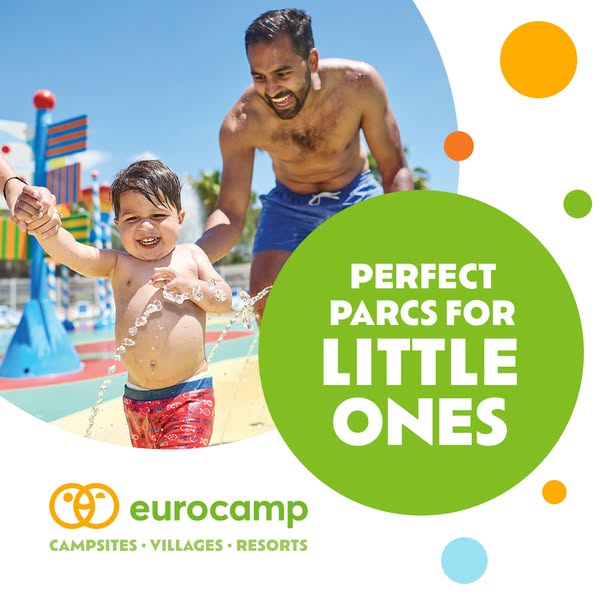 This image ad for Eurocamp features a father and child playing in a water park, emphasizing the brand's suitability 