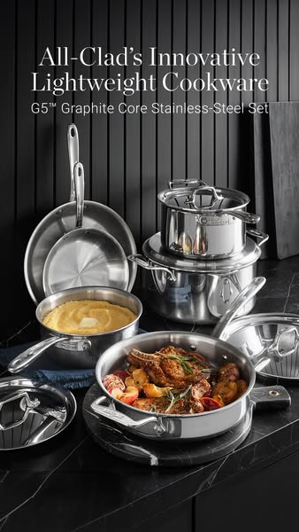 This image ad showcases All-Clad's Innovative Lightweight Cookware G5 Graphite Core Stainless-Steel Set. The ad pres