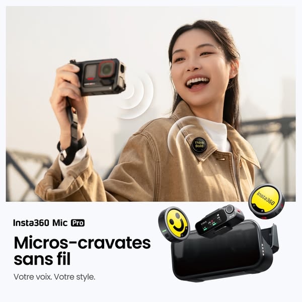 This ad for the Insta360 Mic Pro highlights its design, wireless feature, and style. It shows a woman using the mic syst