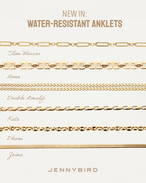 This ad showcases different water-resistant anklets from Jenny Bird.