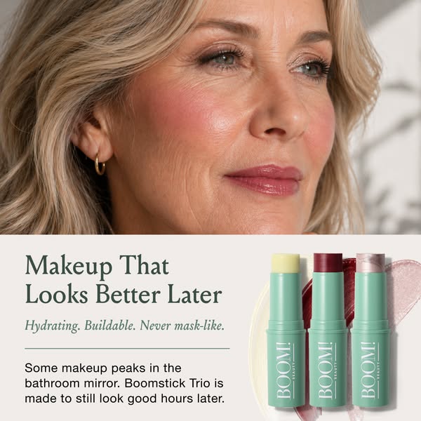 This image ad for Boomstick Trio makeup shows a mature woman with the makeup applied and promotes the product’s buildabl