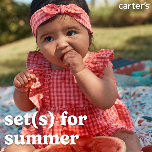 An image ad for Carter's clothing shows a baby in a red and white gingham dress and headband eating watermelon. The 