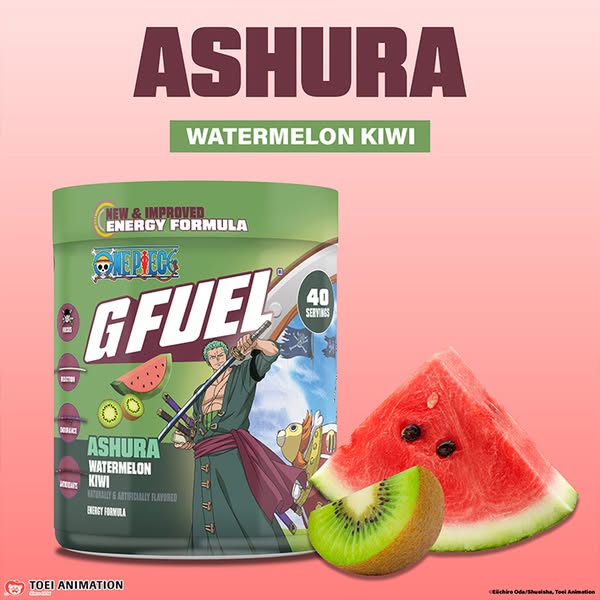 This image ad showcases GFUEL's Ashura Watermelon Kiwi flavor energy drink, featuring One Piece anime character Zoro