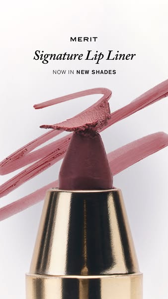 A close-up shot of Merit's Signature Lip Liner is displayed along with text promoting the new shades available.