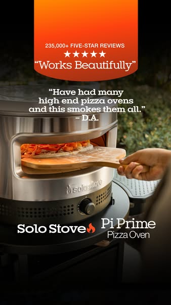 This ad showcases the Solo Stove Pi Prime Pizza Oven and features a testimonial from a user to build credibility, along 