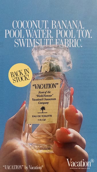 An ad for Vacation perfume. The ad lists a set of words related to summertime followed by an image of a hand holding the
