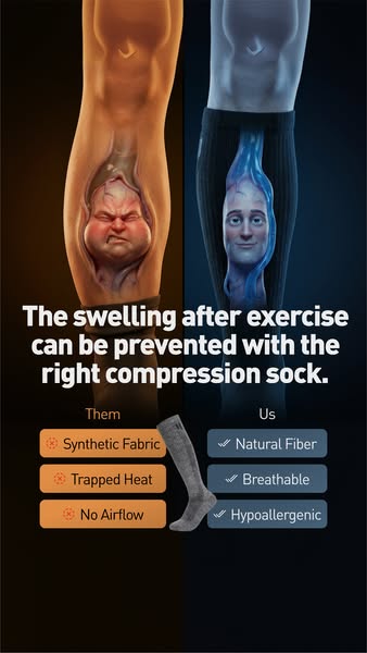 The ad presents the benefits of compression socks after exercising. It uses before-and-after imagery to highlight the ef