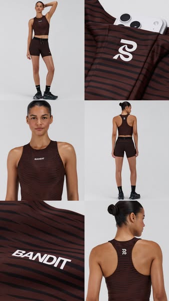 This ad features a woman modeling activewear in multiple full body and close up shots to showcase the design and pocket 