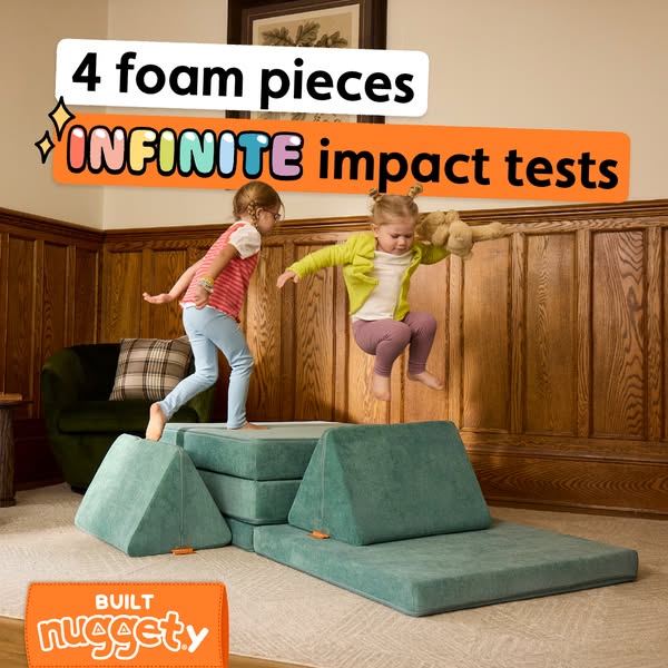 This image ad showcases the Nuggety, a 4-piece foam play set, being used by two young children who are actively playing 