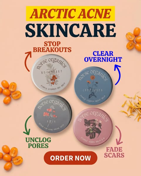 Image ad promoting Norse Organics Arctic Acne Skincare products. The image features four different products from the ski