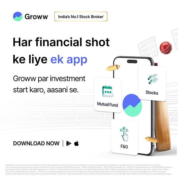 This image ad for Groww, a stock broker in India, highlights the ease of using their investment app. The ad features a p