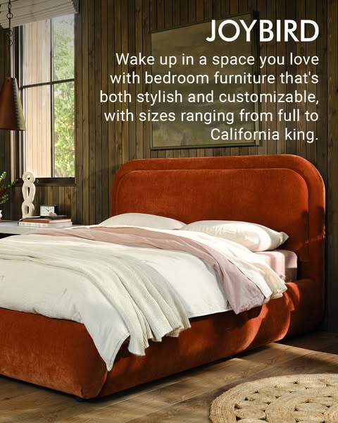 This ad for Joybird showcases a stylish and customizable bed, emphasizing comfort and design for creating a beloved bedr