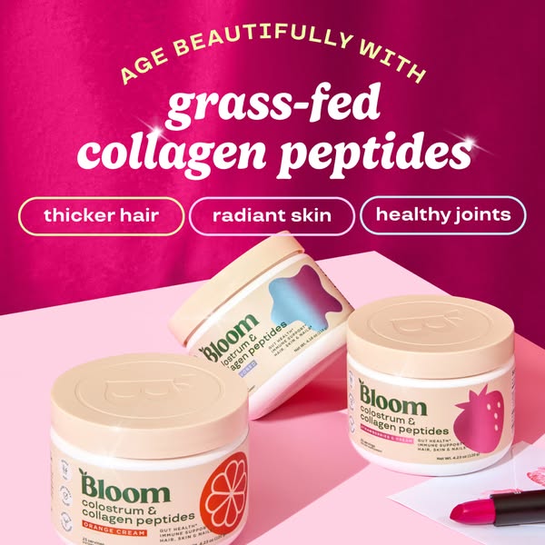 This ad highlights Bloom Nutrition's grass-fed collagen peptides, which come in multiple flavors and help support gu