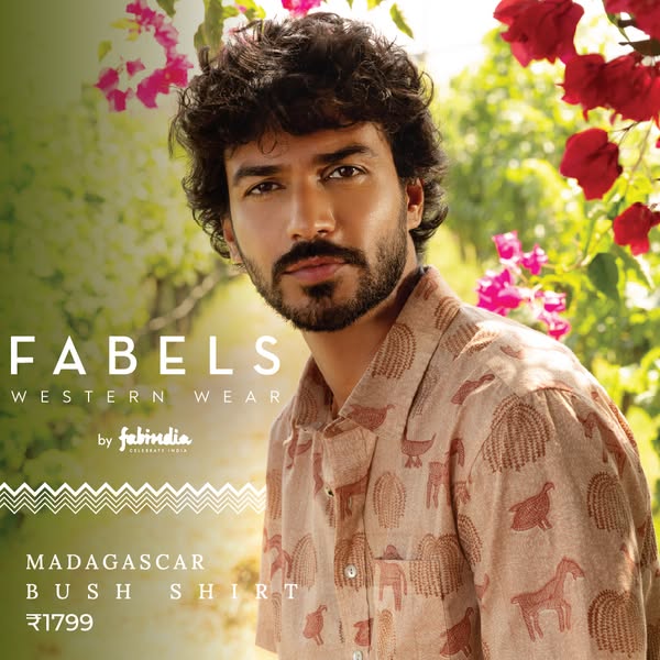 An ad showcasing a FABELS bush shirt called the Madagascar. The ad presents a man wearing the shirt, with nearby text de