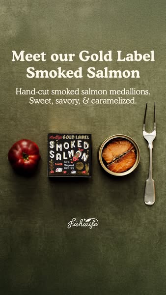 This image ad features Fishwife's Gold Label Smoked Salmon with an artful product presentation.