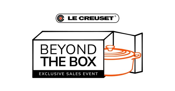 This ad uses a minimalist design featuring a Le Creuset dutch oven emerging from a box to promote an exclusive sales eve