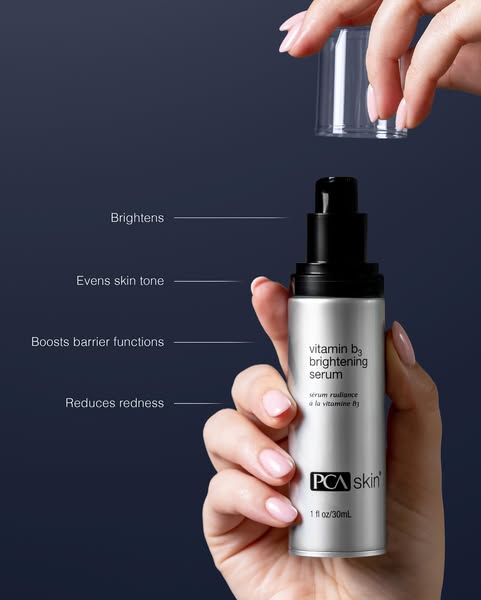 This ad showcases the PCA Skin Vitamin B3 Brightening Serum and its benefits. The image highlights the product bottle he