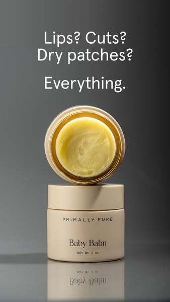 This image ad highlights the many uses of Primally Pure's Baby Balm, which is intended for use on lips, cuts, and dr