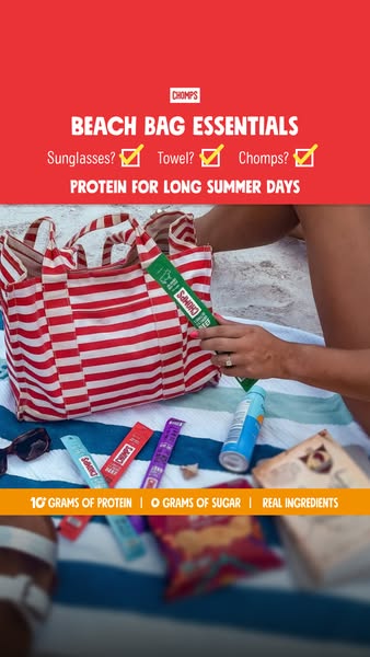 This ad is promoting Chomps as the ideal protein snack for long summer days at the beach. It presents the product as a b
