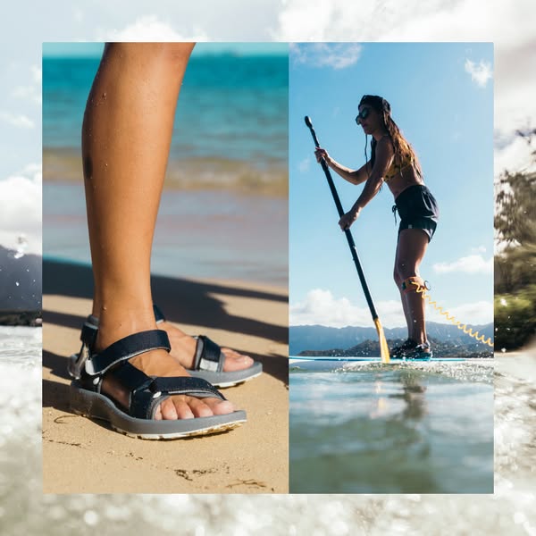 This ad features a split-screen image highlighting the brand's sandals being worn in a beach setting and while stand