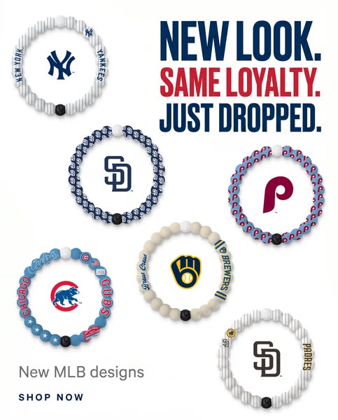 This ad showcases Lokai bracelets featuring MLB team logos. The ad emphasizes a new look while maintaining customer loya