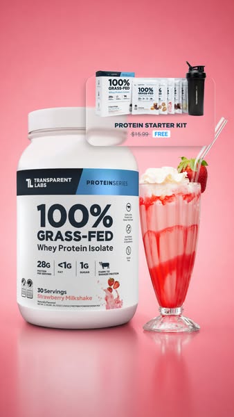 Image ad promoting Transparent Labs 100% Grass-Fed Whey Protein Isolate, highlighting its benefits and offering a free p