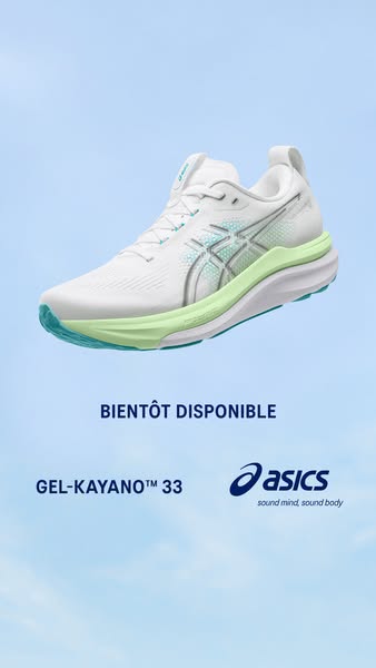 This ad showcases the ASICS GEL-KAYANO™ 33 sneaker against a gradient blue background. The sneaker is all white with sea