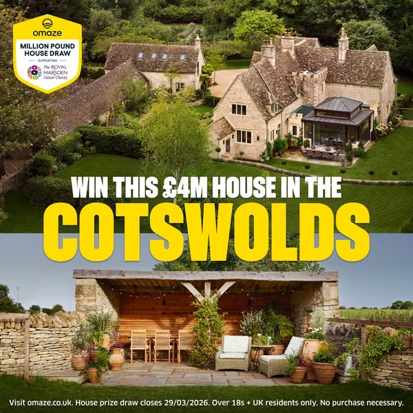 This ad promotes Omaze's £4M house prize draw in the Cotswolds, supporting The Royal Marsden Cancer Charity. The ima