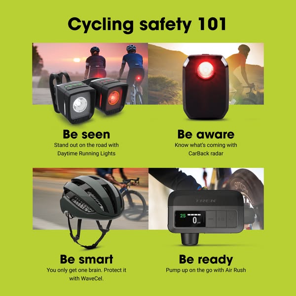 This ad promotes cycling safety by showcasing several products that enhance a cyclist's safety. These products inclu