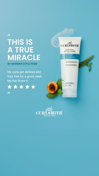 This ad highlights Curlsmith's In-Shower Style Fixer and uses a customer testimonial to showcase the product's a