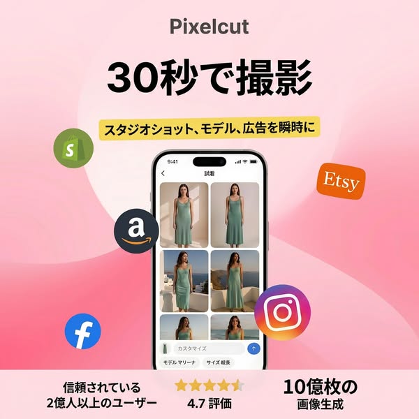 This image ad for Pixelcut highlights its ability to quickly create studio-quality product photos for e-commerce platfor