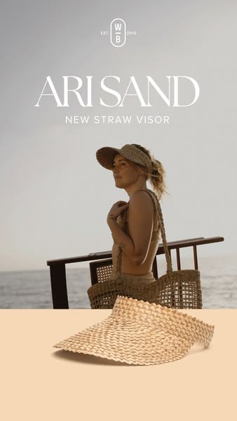 This ad showcases the brand's new straw visor, featuring a model wearing the visor at the beach and a close-up of th