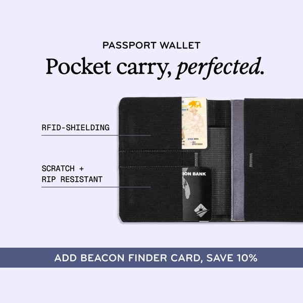An image ad showing a passport wallet that is RFID-shielding, scratch resistant, and rip resistant. The ad includes a 10
