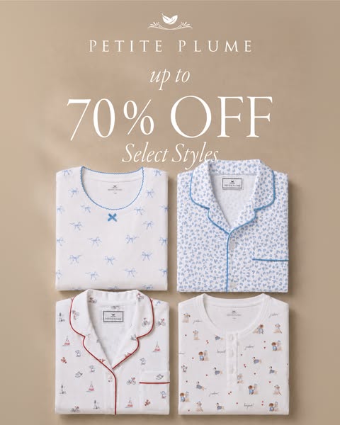 This ad showcases a variety of Petite Plume pajama sets with an offer of up to 70% off select styles.