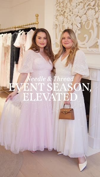 The image ad showcases two women modeling dresses from Needle & Thread, emphasizing the brand's elevated style f